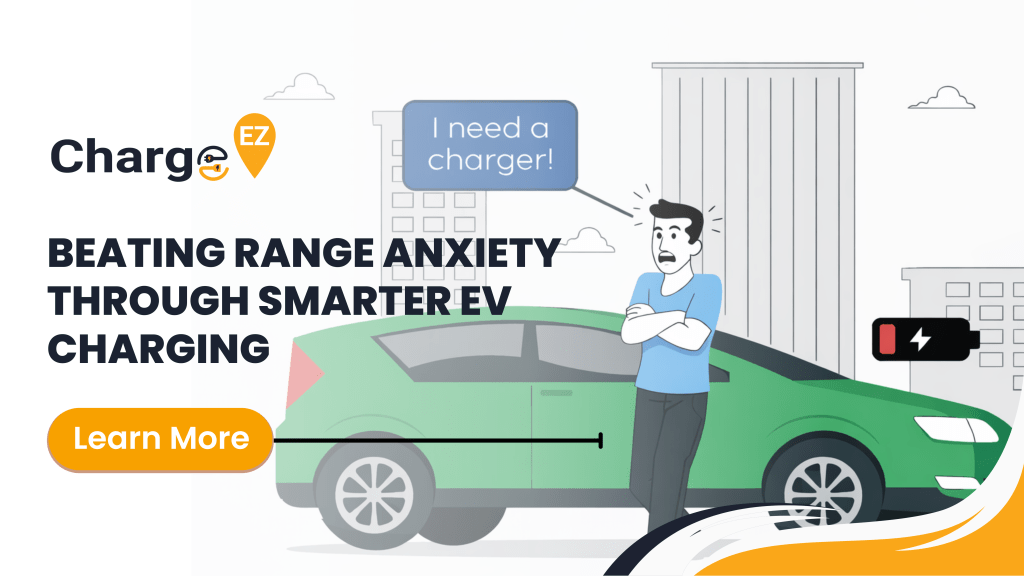 Illustration of a driver worried about low battery near an EV, highlighting range anxiety and smarter EV charging solutions.