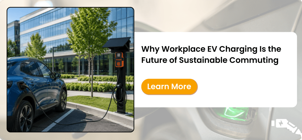 Workplace EV charging station charging an electric vehicle outside a modern office building, supporting sustainable commuting and electric mobility.